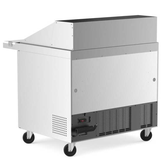 Coldline SMP36 36-inch mega top refrigerated sandwich prep table with cutting board and food pans. Ideal for restaurants to store fresh ingredients and prepare sandwiches with convenience and efficiency.