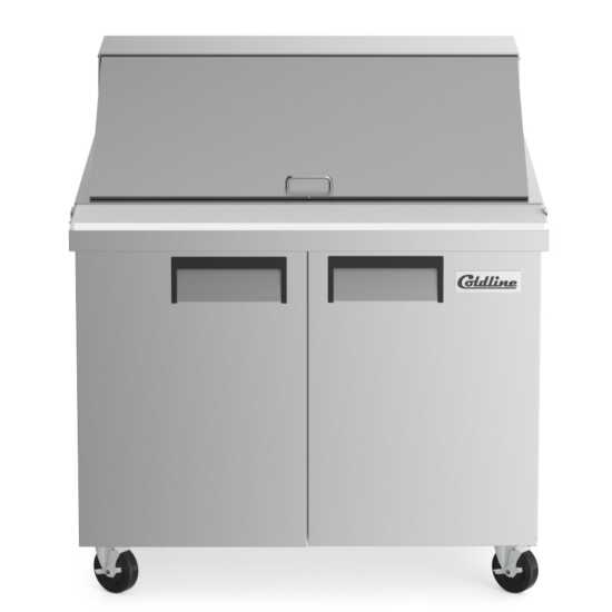 Coldline SMP36 36-inch mega top refrigerated sandwich prep table with cutting board and food pans. Ideal for restaurants to store fresh ingredients and prepare sandwiches with convenience and efficiency.