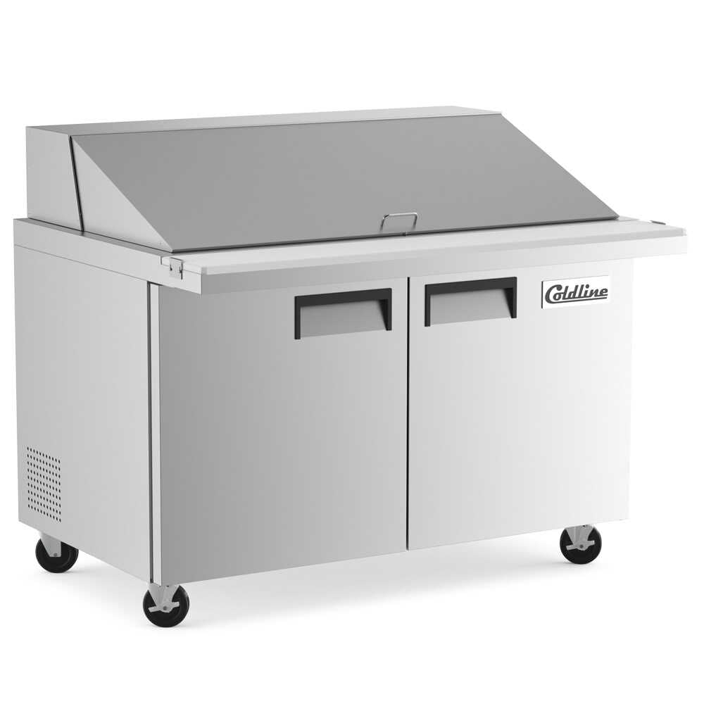 Coldline SMP48 48-inch mega top refrigerated sandwich prep table with cutting board and food pans. Perfect for storing ingredients, keeping them fresh, and efficiently preparing sandwiches in busy kitchens.