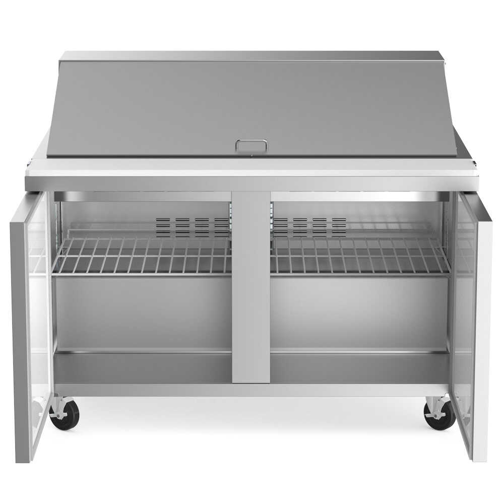 Coldline SMP48 48-inch mega top refrigerated sandwich prep table with cutting board and food pans. Perfect for storing ingredients, keeping them fresh, and efficiently preparing sandwiches in busy kitchens.
