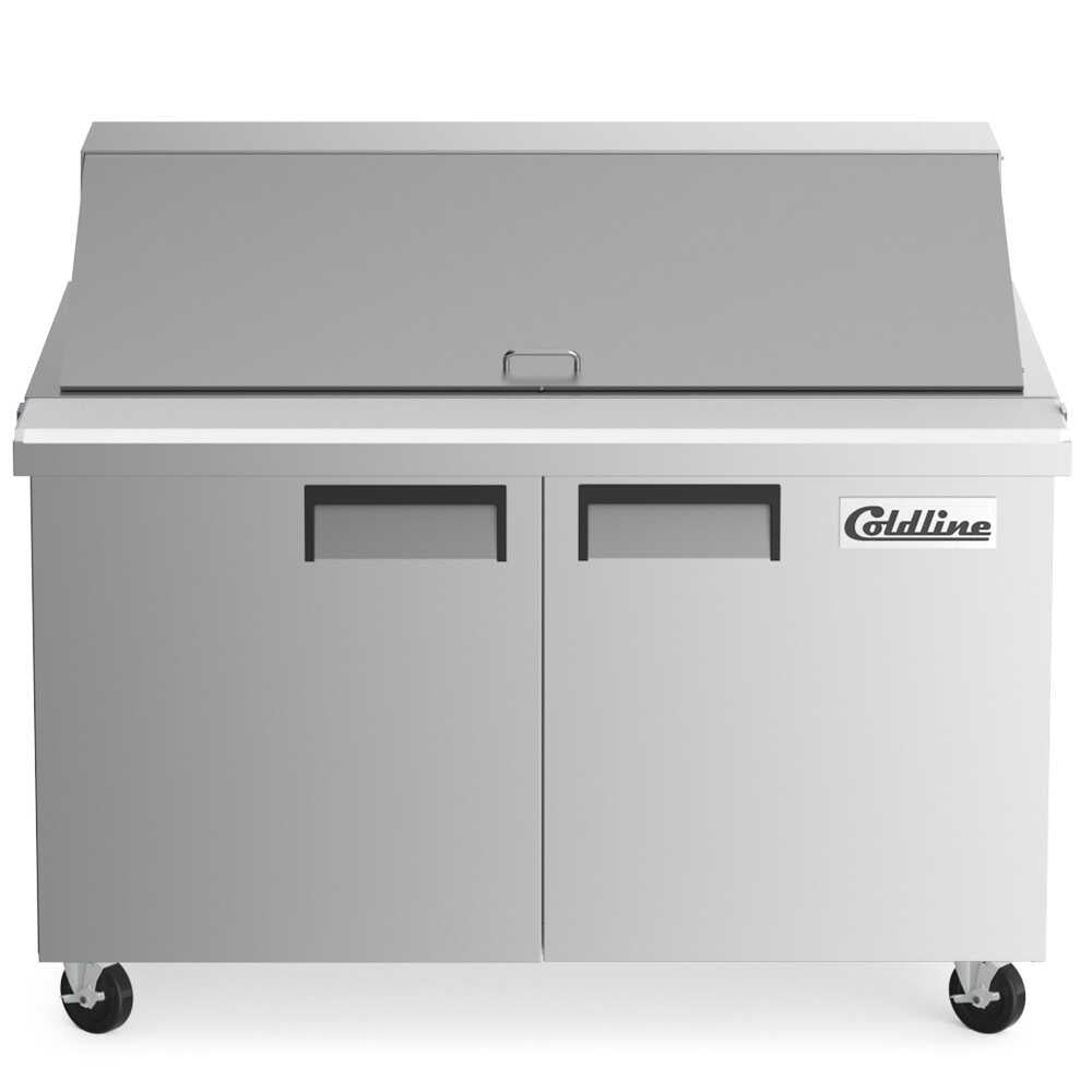 Coldline SMP48 48-inch mega top refrigerated sandwich prep table with cutting board and food pans. Perfect for storing ingredients, keeping them fresh, and efficiently preparing sandwiches in busy kitchens.