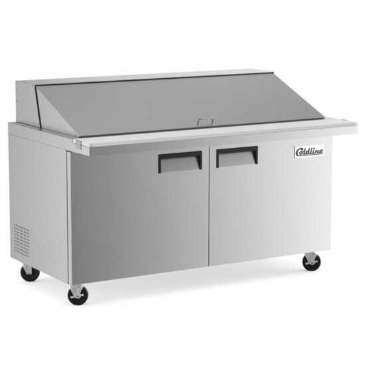 Coldline SMP60 60-inch mega top refrigerated sandwich prep table with cutting board and food pans. Designed for high-volume kitchens to store fresh ingredients and prep sandwiches quickly and efficiently.