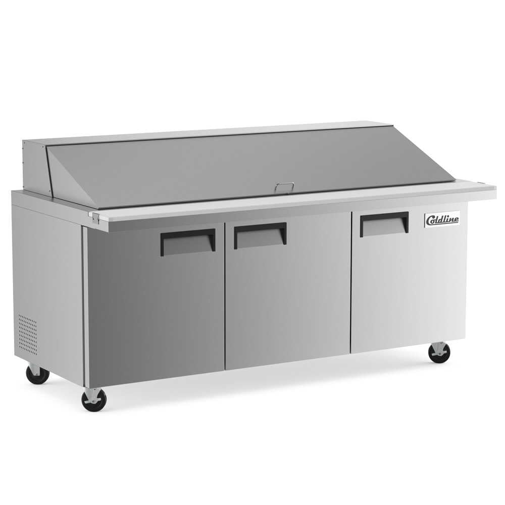 Coldline SMP72 72-inch mega top refrigerated sandwich prep table with cutting board and food pans. Ideal for large kitchens, allowing efficient storage of fresh ingredients and fast sandwich preparation.