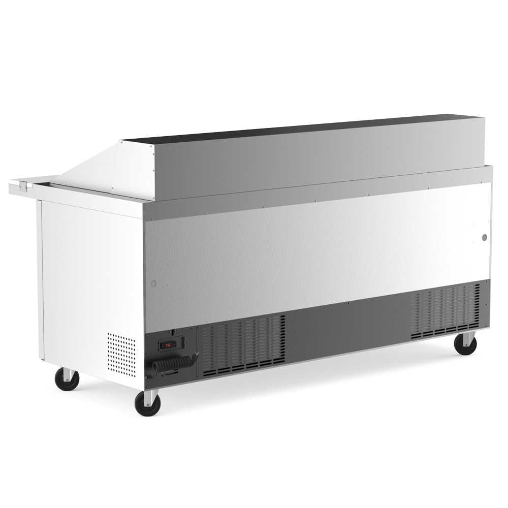 Coldline SMP72 72-inch mega top refrigerated sandwich prep table with cutting board and food pans. Ideal for large kitchens, allowing efficient storage of fresh ingredients and fast sandwich preparation.