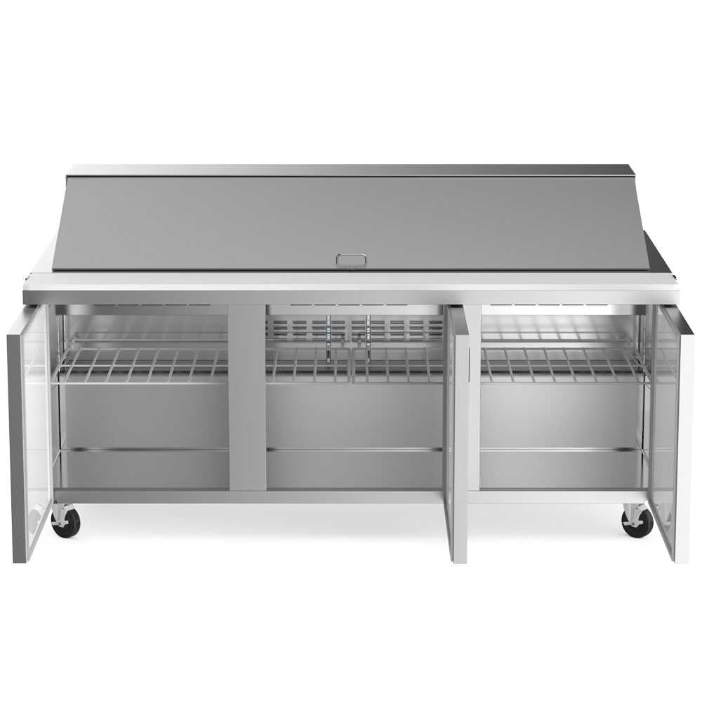 Coldline SMP72 72-inch mega top refrigerated sandwich prep table with cutting board and food pans. Ideal for large kitchens, allowing efficient storage of fresh ingredients and fast sandwich preparation.