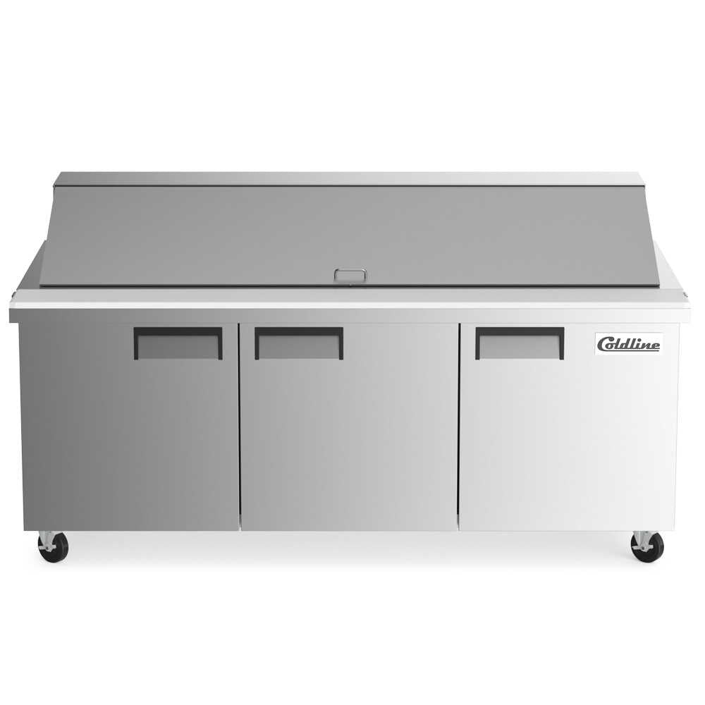 Coldline SMP72 72-inch mega top refrigerated sandwich prep table with cutting board and food pans. Ideal for large kitchens, allowing efficient storage of fresh ingredients and fast sandwich preparation.