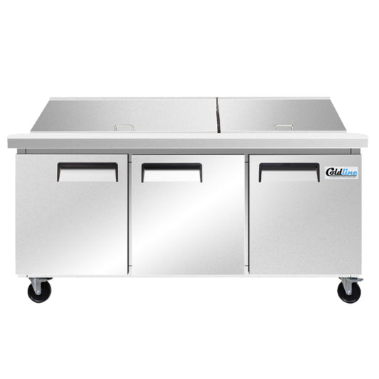 Coldline SMP72-T 72-inch Mega Top Refrigerated Sandwich Prep Table featuring a full-length cutting board, multiple food pans for ingredient storage, and a stainless steel build ideal for delis, sandwich shops, and commercial kitchens.