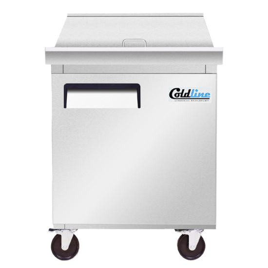 Coldline SMP27-T 27-inch refrigerated sandwich prep table featuring a 12" deep removable cutting board, 9 x 1/6 size food pans, self-closing door, insulated roll top lid, and a 1/5 HP refrigeration system maintaining temperatures between 33°F and 41°F.