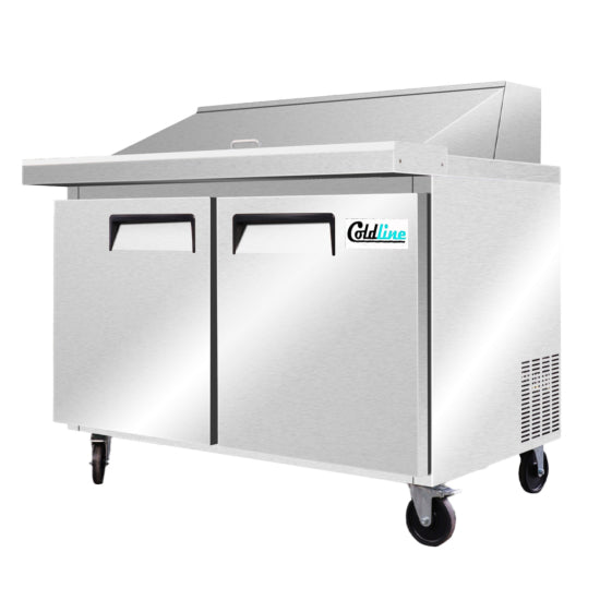 Coldline SP48T 48-inch refrigerated sandwich prep table featuring a 12" deep removable cutting board, 12 x 1/6 size food pans, self-closing doors, and an insulated roll top lid. Its 1/4+ HP refrigeration system maintains temperatures between 33°F and 41°F, ensuring food safety.