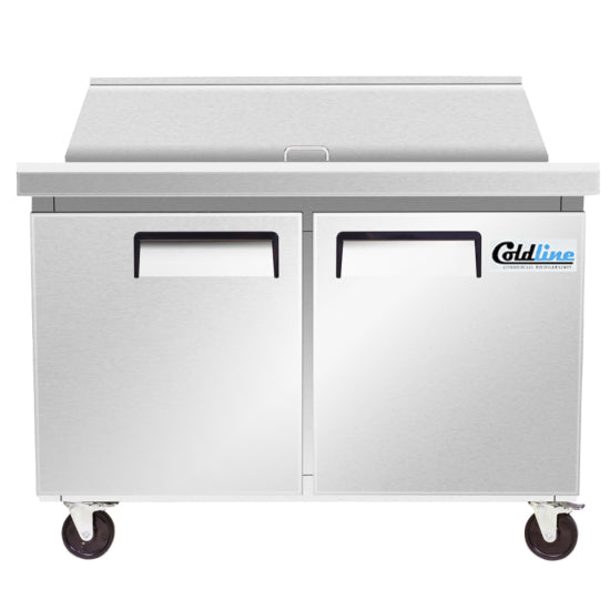 Coldline SP48T 48-inch refrigerated sandwich prep table featuring a 12" deep removable cutting board, 12 x 1/6 size food pans, self-closing doors, and an insulated roll top lid. Its 1/4+ HP refrigeration system maintains temperatures between 33°F and 41°F, ensuring food safety.