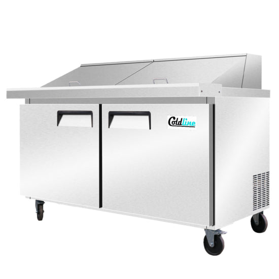 Coldline SMP60-T 60-inch Mega Top Sandwich Prep Table with cutting board and food pans, designed for preparing sandwiches and salads in restaurants, cafes, and delis. Keeps ingredients fresh and organized for fast, efficient food assembly.