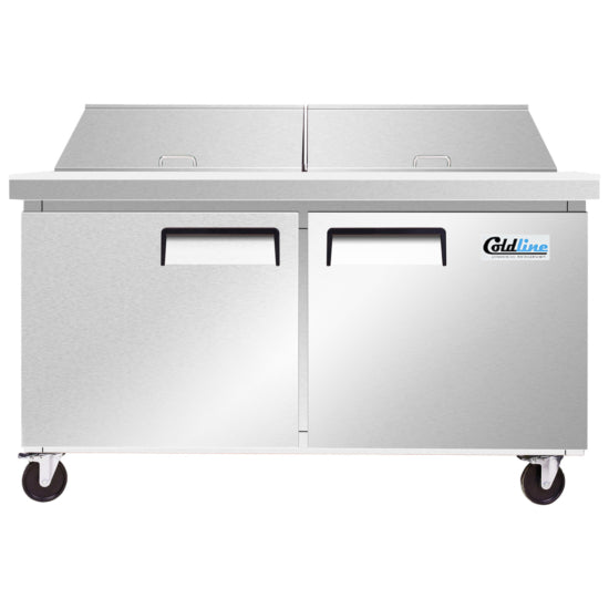 Coldline SMP60-T 60-inch Mega Top Sandwich Prep Table with cutting board and food pans, designed for preparing sandwiches and salads in restaurants, cafes, and delis. Keeps ingredients fresh and organized for fast, efficient food assembly.