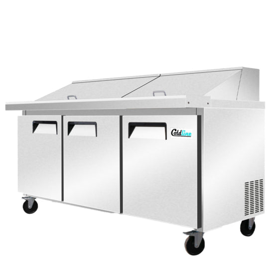 Coldline SMP72-T 72-inch Mega Top Refrigerated Sandwich Prep Table featuring a full-length cutting board, multiple food pans for ingredient storage, and a stainless steel build ideal for delis, sandwich shops, and commercial kitchens.