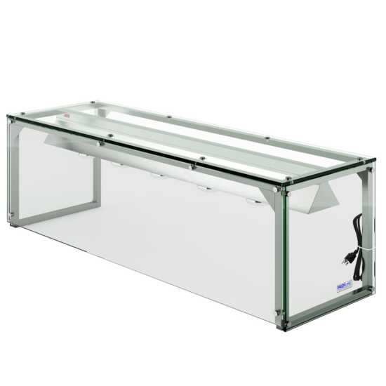 Prepline 74" Glass Sneeze Guard with Lamp Bulb for Steam Tables, designed to protect food from airborne contaminants while providing warmth and enhancing visibility. Ideal for buffets and food service environments.