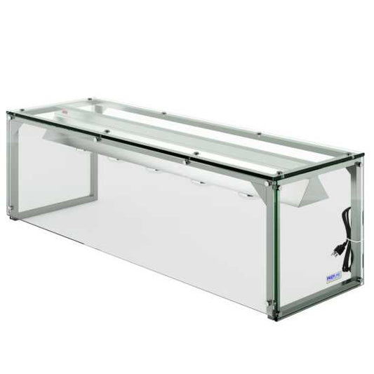 Prepline 74" Glass Sneeze Guard with Lamp Bulb for Steam Tables, designed to protect food from airborne contaminants while providing warmth and enhancing visibility. Ideal for buffets and food service environments.