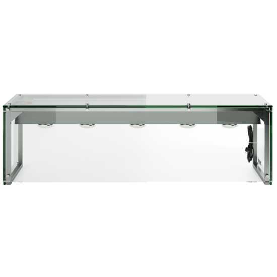 Prepline 74" Glass Sneeze Guard with Lamp Bulb for Steam Tables, designed to protect food from airborne contaminants while providing warmth and enhancing visibility. Ideal for buffets and food service environments.