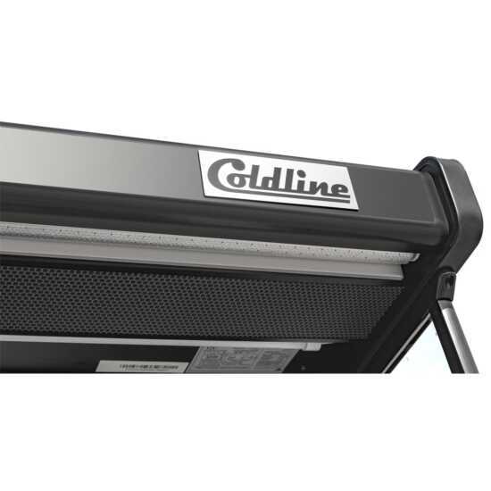 The Coldline SOC-76-220-B 76" black refrigerated air curtain merchandiser operates on 220V, featuring a sleek design with an air curtain for efficient cooling, adjustable shelves, and energy-efficient lighting for showcasing chilled products.