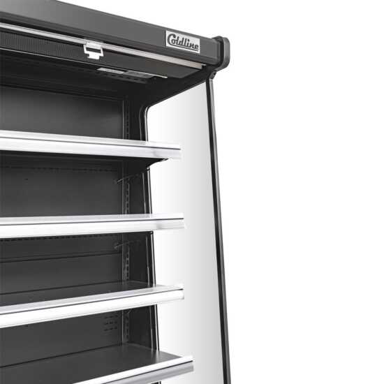 The Coldline SOC-76-220-B 76" black refrigerated air curtain merchandiser operates on 220V, featuring a sleek design with an air curtain for efficient cooling, adjustable shelves, and energy-efficient lighting for showcasing chilled products.