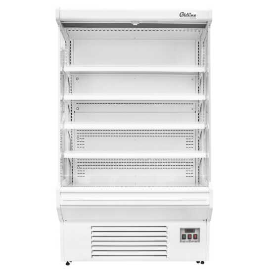 The Coldline SOC-51-W 51" white refrigerated air curtain merchandiser features a clean, white design with an air curtain for effective cooling, adjustable shelves, and energy-efficient lighting for displaying chilled products.