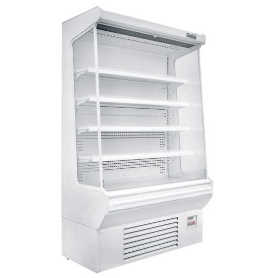 The Coldline SOC-51-W 51" white refrigerated air curtain merchandiser features a clean, white design with an air curtain for effective cooling, adjustable shelves, and energy-efficient lighting for displaying chilled products.