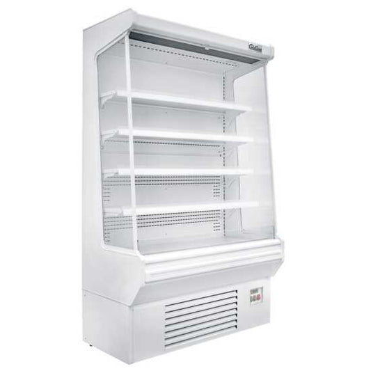 The Coldline SOC-51-W 51" white refrigerated air curtain merchandiser features a clean, white design with an air curtain for effective cooling, adjustable shelves, and energy-efficient lighting for displaying chilled products.