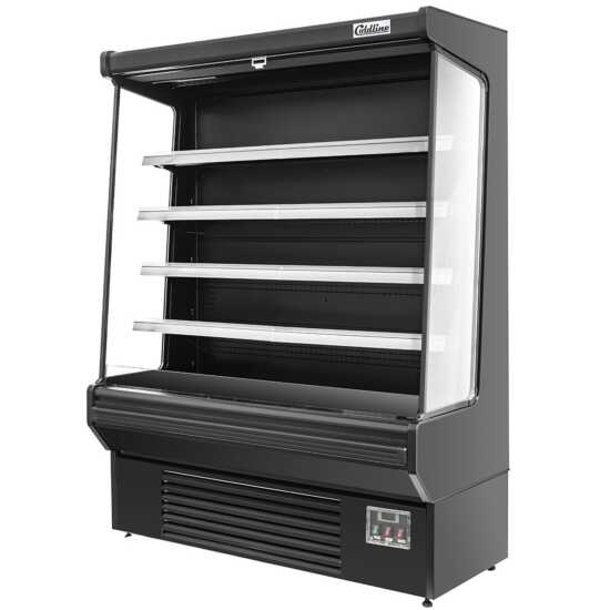 The Coldline SOC-61-B 60" black refrigerated air curtain merchandiser offers a sleek design with an air curtain for efficient cooling, adjustable shelves, and energy-efficient lighting, ideal for showcasing chilled products.