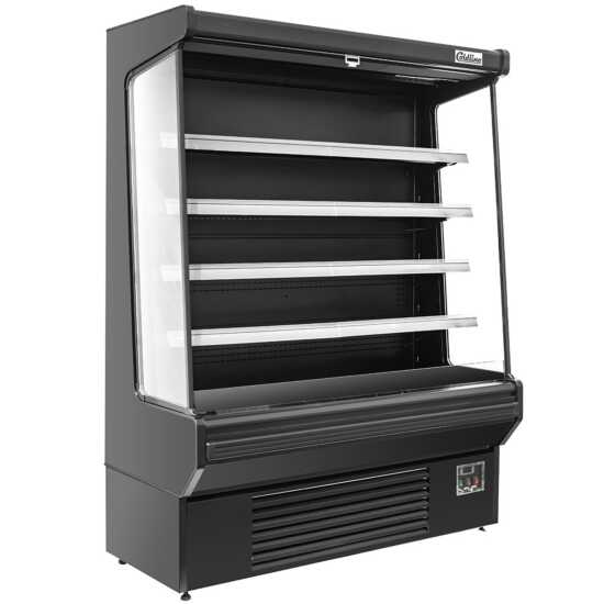 The Coldline SOC-61-B 60" black refrigerated air curtain merchandiser offers a sleek design with an air curtain for efficient cooling, adjustable shelves, and energy-efficient lighting, ideal for showcasing chilled products.
