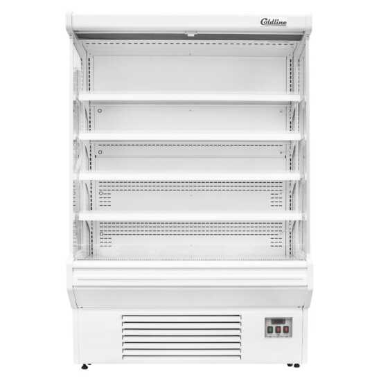 The Coldline SOC-61-W 60" white refrigerated air curtain merchandiser features a modern white finish with an air curtain for efficient cooling, adjustable shelves, and energy-efficient lighting, ideal for displaying chilled products.