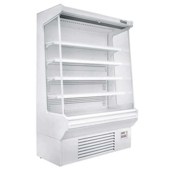 The Coldline SOC-61-W 60" white refrigerated air curtain merchandiser features a modern white finish with an air curtain for efficient cooling, adjustable shelves, and energy-efficient lighting, ideal for displaying chilled products.