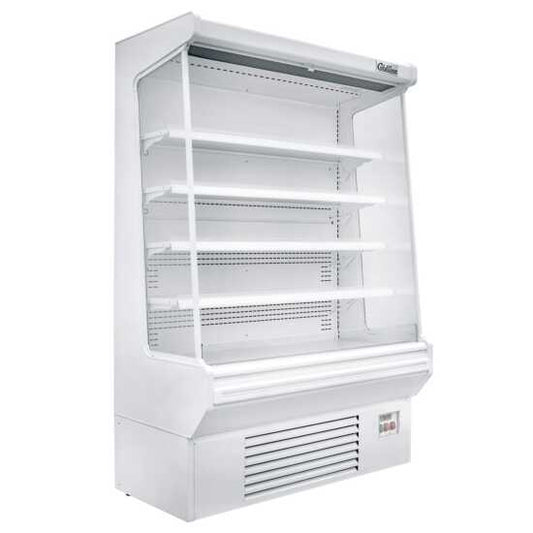 The Coldline SOC-61-W 60" white refrigerated air curtain merchandiser features a modern white finish with an air curtain for efficient cooling, adjustable shelves, and energy-efficient lighting, ideal for displaying chilled products.