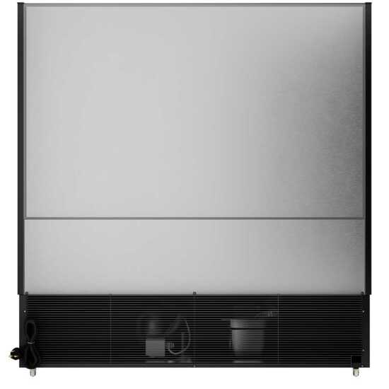 The Coldline SOC-76-220-B 76" black refrigerated air curtain merchandiser operates on 220V, featuring a sleek design with an air curtain for efficient cooling, adjustable shelves, and energy-efficient lighting for showcasing chilled products.