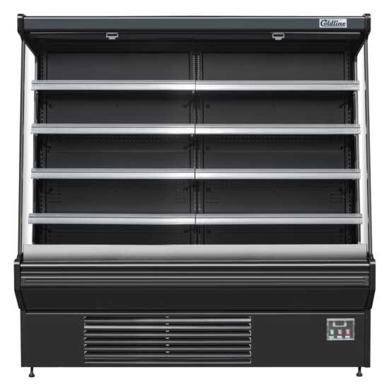 The Coldline SOC-76-220-B 76" black refrigerated air curtain merchandiser operates on 220V, featuring a sleek design with an air curtain for efficient cooling, adjustable shelves, and energy-efficient lighting for showcasing chilled products.