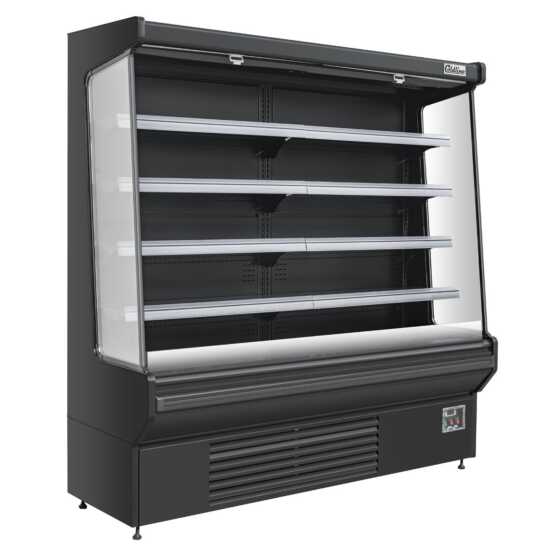The Coldline SOC-76-220-B 76" black refrigerated air curtain merchandiser operates on 220V, featuring a sleek design with an air curtain for efficient cooling, adjustable shelves, and energy-efficient lighting for showcasing chilled products.