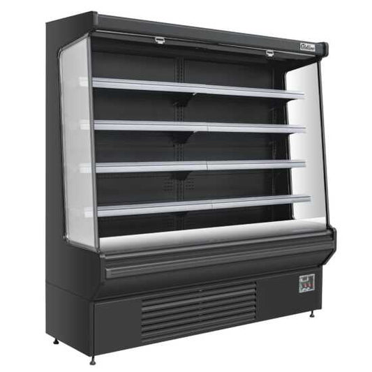 The Coldline SOC-76-220-B 76" black refrigerated air curtain merchandiser operates on 220V, featuring a sleek design with an air curtain for efficient cooling, adjustable shelves, and energy-efficient lighting for showcasing chilled products.