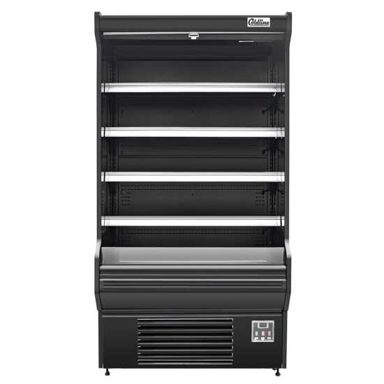 The Coldline SOCD-51-B 51" black deep refrigerated air curtain merchandiser features a sleek black design, deeper shelves for more storage, an air curtain for effective cooling, and energy-efficient lighting for showcasing chilled products.