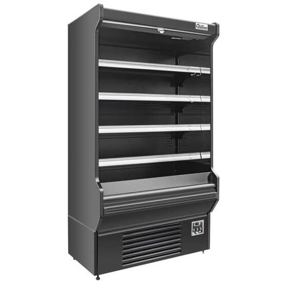 The Coldline SOCD-51-B 51" black deep refrigerated air curtain merchandiser features a sleek black design, deeper shelves for more storage, an air curtain for effective cooling, and energy-efficient lighting for showcasing chilled products.
