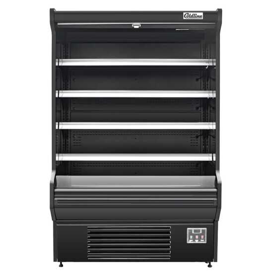 The Coldline SOCD-61-B 60" black deep refrigerated air curtain merchandiser offers a modern design with deeper shelving, an air curtain for optimal cooling, and energy-efficient lighting, perfect for displaying chilled products.