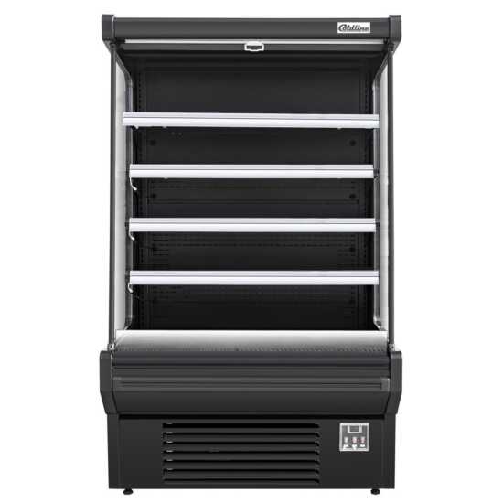 The Coldline SOC-61-B 60" black refrigerated air curtain merchandiser offers a sleek design with an air curtain for efficient cooling, adjustable shelves, and energy-efficient lighting, ideal for showcasing chilled products.
