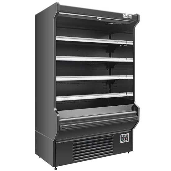 The Coldline SOCD-61-B 60" black deep refrigerated air curtain merchandiser offers a modern design with deeper shelving, an air curtain for optimal cooling, and energy-efficient lighting, perfect for displaying chilled products.