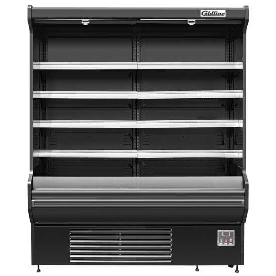 The Coldline SOCD-76-B 76" black deep refrigerated air curtain merchandiser, operating on 220V, features deeper shelving, an air curtain for efficient cooling, and energy-efficient lighting for displaying chilled products.