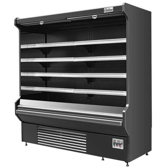 The Coldline SOCD-76-B 76" black deep refrigerated air curtain merchandiser, operating on 220V, features deeper shelving, an air curtain for efficient cooling, and energy-efficient lighting for displaying chilled products.