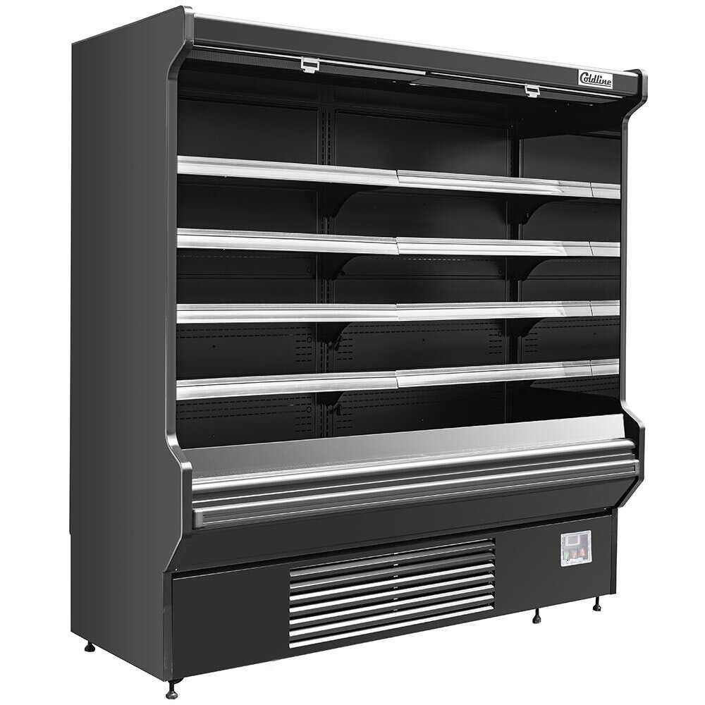 The Coldline SOCD-76-B 76" black deep refrigerated air curtain merchandiser, operating on 220V, features deeper shelving, an air curtain for efficient cooling, and energy-efficient lighting for displaying chilled products.