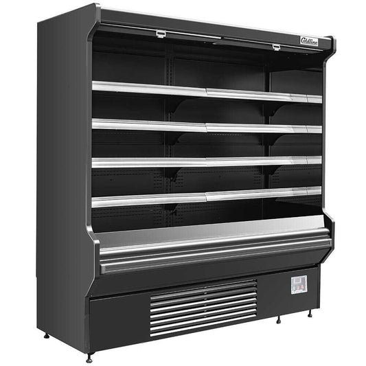 The Coldline SOCD-76-B 76" black deep refrigerated air curtain merchandiser, operating on 220V, features deeper shelving, an air curtain for efficient cooling, and energy-efficient lighting for displaying chilled products.
