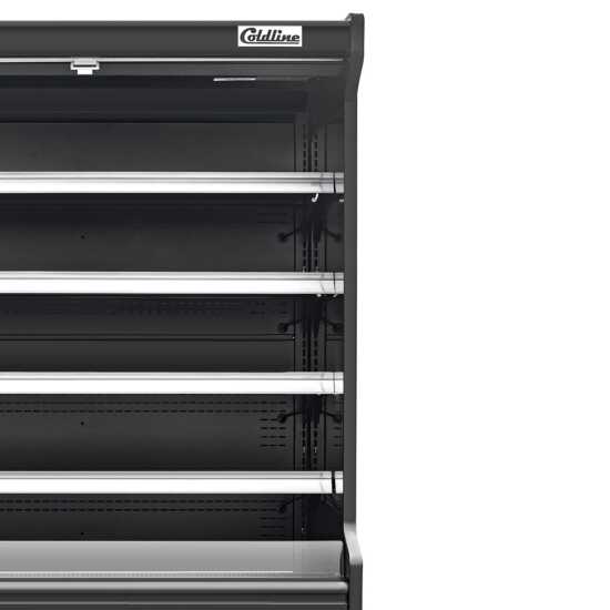 The Coldline SOCD-51-B 51" black deep refrigerated air curtain merchandiser features a sleek black design, deeper shelves for more storage, an air curtain for effective cooling, and energy-efficient lighting for showcasing chilled products.