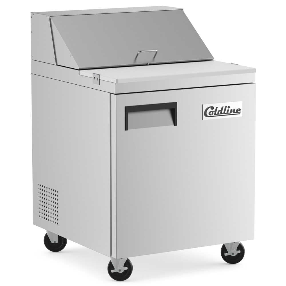 Coldline SP27 27-inch refrigerated sandwich prep table with a cutting board and food pans. Ideal for foodservice, it features a spacious top for easy prep and storage, enhancing efficiency in sandwich preparation.