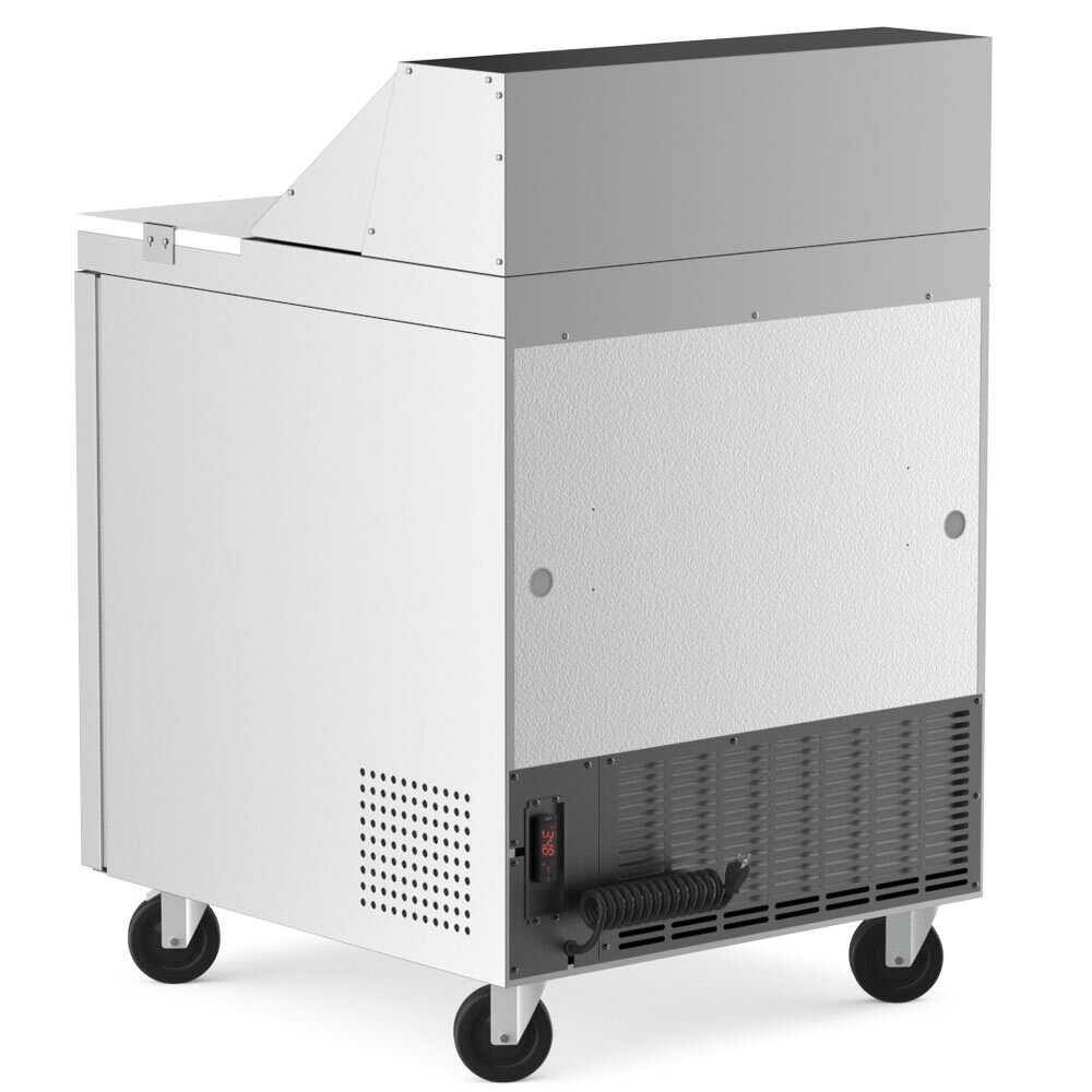 Coldline SP27 27-inch refrigerated sandwich prep table with a cutting board and food pans. Ideal for foodservice, it features a spacious top for easy prep and storage, enhancing efficiency in sandwich preparation.