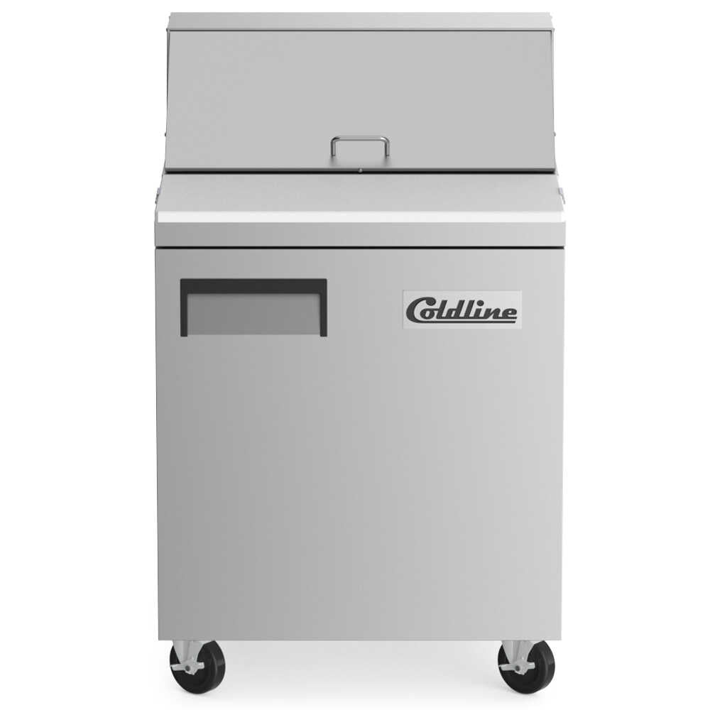 Coldline SP27 27-inch refrigerated sandwich prep table with a cutting board and food pans. Ideal for foodservice, it features a spacious top for easy prep and storage, enhancing efficiency in sandwich preparation.