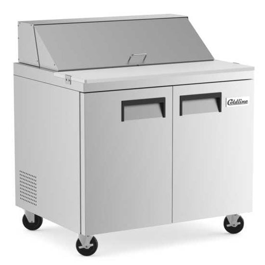 Coldline SP36 36-inch refrigerated sandwich prep table with a cutting board and food pans. This unit provides ample space for sandwich preparation, featuring a large cutting board and organized food pans for efficiency.