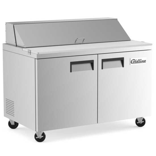 Coldline SP48 48-inch refrigerated sandwich prep table with a cutting board and food pans. This spacious unit is designed for efficient sandwich preparation, featuring a large cutting board and ample food pans for organized storage.