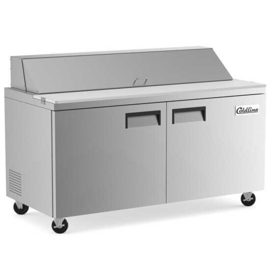 Coldline SP60 60-inch refrigerated sandwich prep table with a cutting board and food pans. This large unit provides extensive prep space, featuring a durable cutting board and multiple food pans for efficient sandwich making.